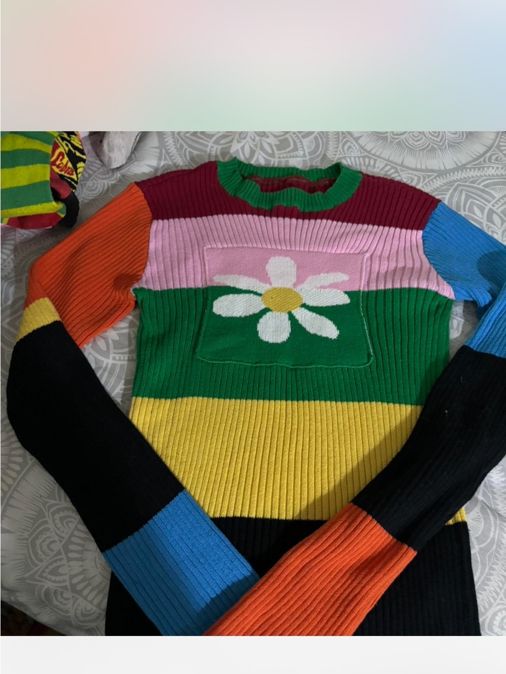 Colorblock Daisy Ribbed Sweater in Green, Yellow, Pink & Black